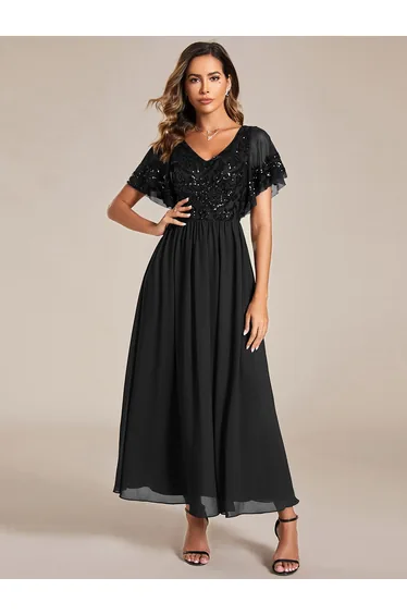 ever HAZEL|Short Sleeve V-Neck Sequin Chiffon A-Line Mother of the Bride Dress