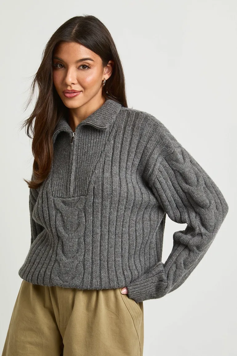 Zip Neck Chunky Cable Jumper - charcoal - 1