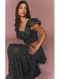 Black Chiffon Polka Dot Ruffle Crop Top - 1