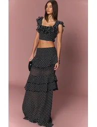 Black Chiffon Polka Dot Ruffle Crop Top