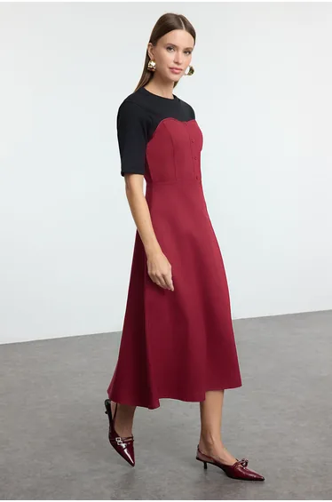 Black Plain Midi Woven Dress