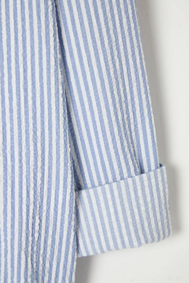 Blue Oversized Striped Seersucker Flexible Comfortable Fabric Knit Shirt - 9