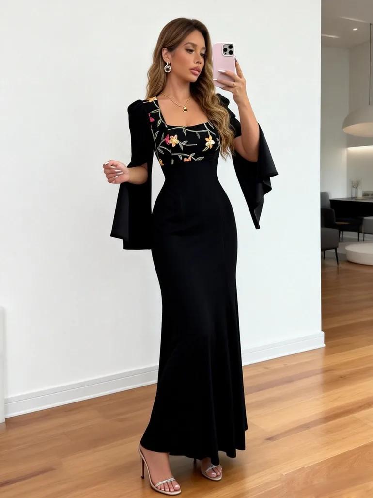 Black Floral Maxi Dress with Slit Sleeves - 1