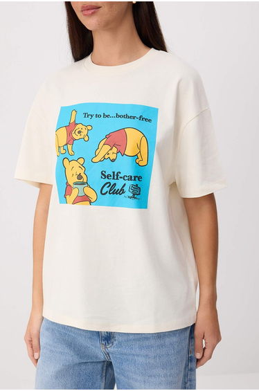 Ecru Winnie the Pooh Licensed Oversize/Wide Fit Tok 100% Cotton Knitted T-Shirt product thumbnail 3