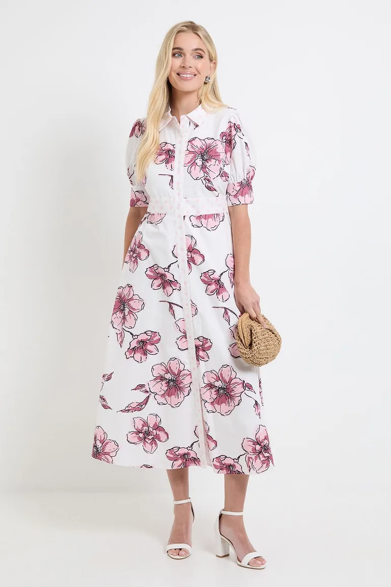 Petite Summer Cotton Floral Shirt Dress