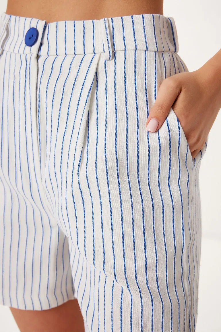 Women's Ecru Blue Striped Linen Vest Shorts Set - 4