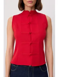Red Fitted Mandarin Closure Vest - 2