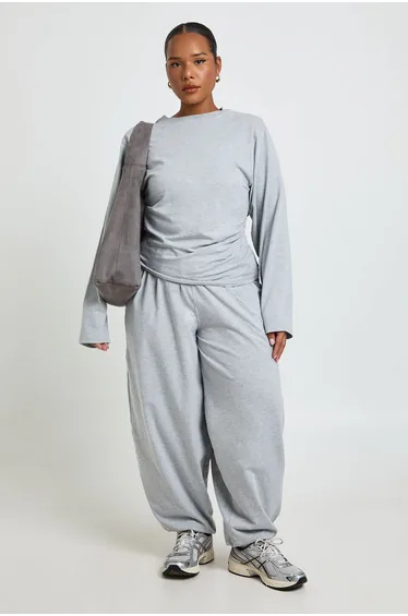 Plus Shoulder Pad Ruched Side Long Sleeve Top - grey marl