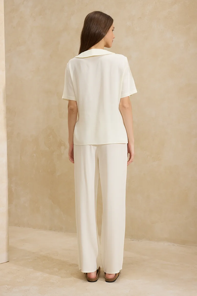 Ecru Plain Shally Woven Pajama Set - 4