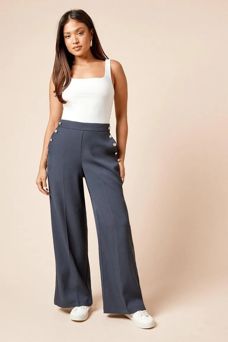 Petite Military Button Detail Wide Leg Trouser - 1