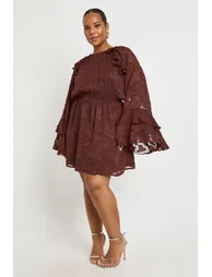 Plus Burnout Floral Ruffle Smock Dress - chocolate
