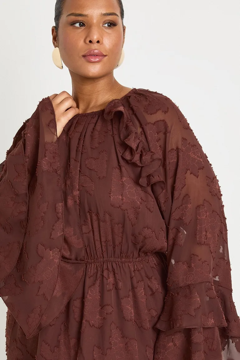 Plus Burnout Floral Ruffle Smock Dress - chocolate - 3