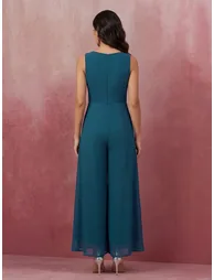 Teal Embroidered Detail Georgette Festive Jumpsuit - 2