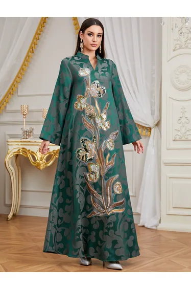Women Teal Sequin Embroidered Jalabiya