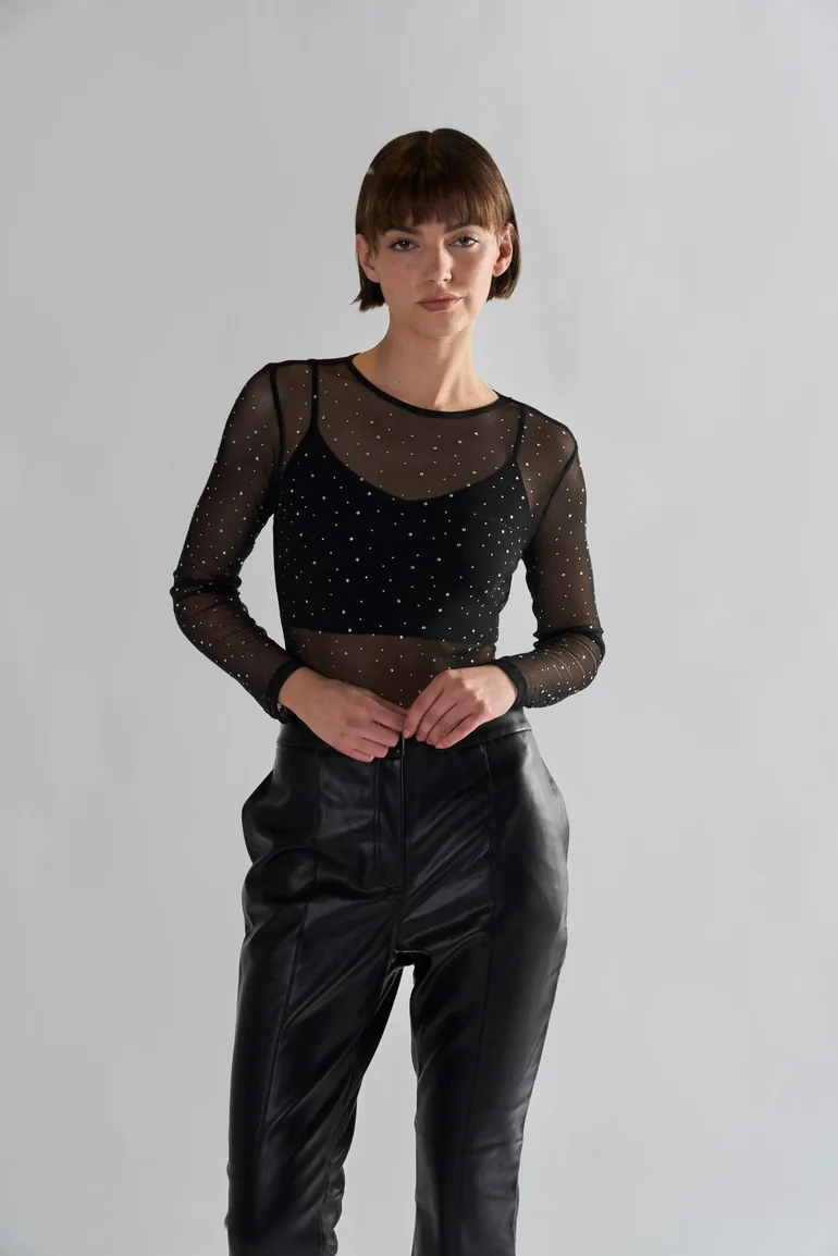 Black Diamante-Mesh Bodysuit