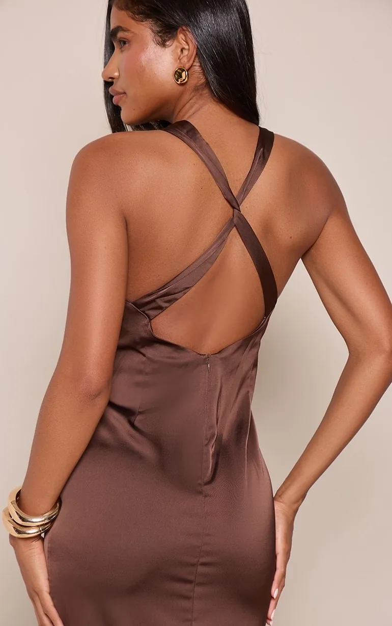Chocolate Satin Halterneck Sleeveless Maxi Dress - 3