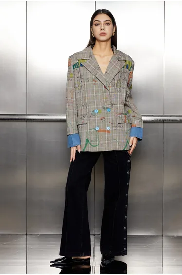 Paris Graffiti Grid Plunge Blazer