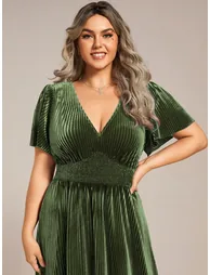 ever AZALEA|Graceful V-Neck Waist Design Short Sleeves Fall Velvet Midi Bridesmaid Dress - 9