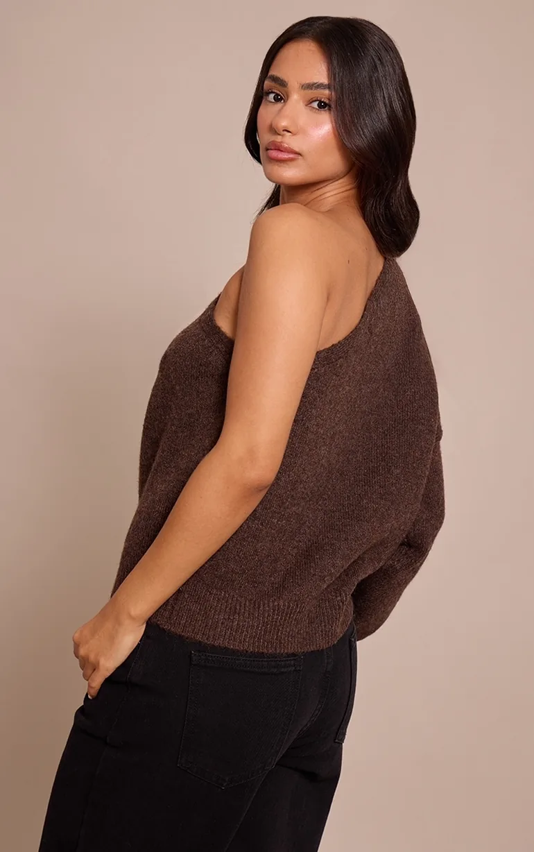Petite Chocolate Trim Detail One Shoulder Knitted Jumper - 2