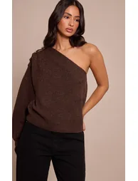 Petite Chocolate Trim Detail One Shoulder Knitted Jumper - 1
