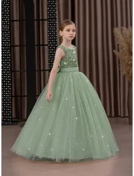 Girls Green Embellished Sleeveless Maxi Dress