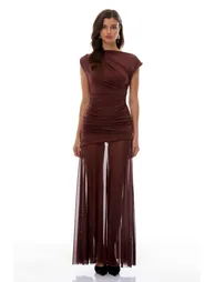 Seren Brown Ruched Tulle Panel Maxi Dress