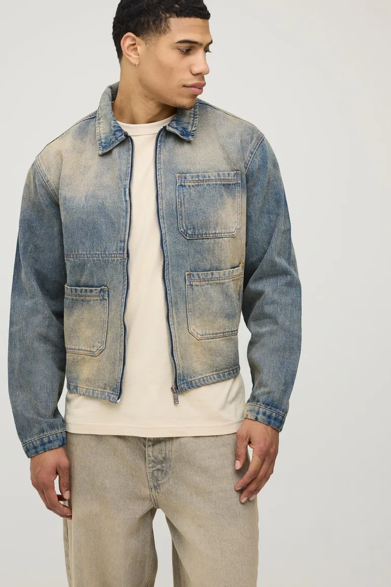 Bleached Washed Boxy Harrington Denim Jacket - bleach wash