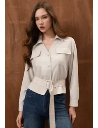 Cutwork Lace Collar Flap Pocket Belted Cotton Jacket for Casual Office & Weekend Outing