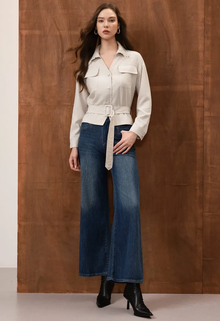 Cutwork Lace Collar Flap Pocket Belted Cotton Jacket for Casual Office & Weekend Outing - 1