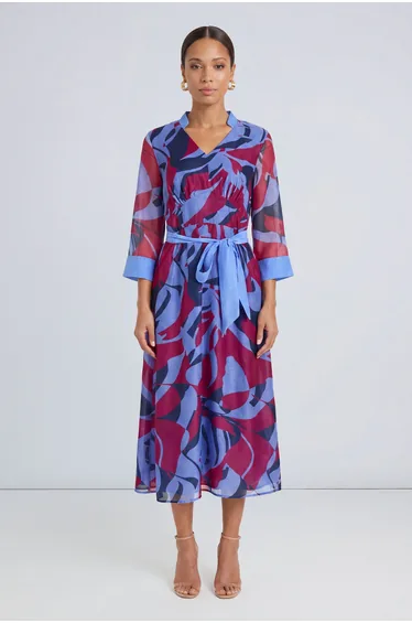 Mix Print Organza Belted Midi Dress