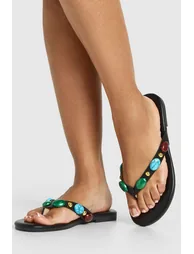 Beaded Detail Flip Flops - black