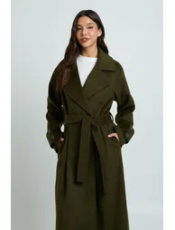 Belted Wool Blend Coat - khaki