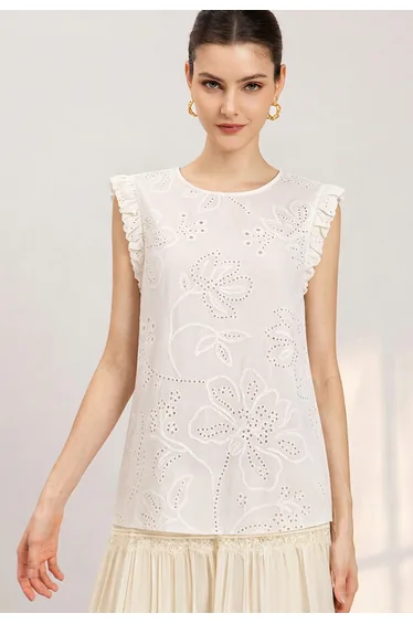 Botanical Line Art Eyelet Sleeveless Top in White for Casual Brunches & Vacations
