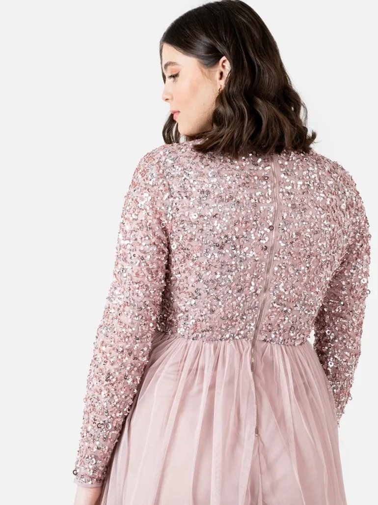 Maya Frosted Pink Faux Wrap Embellished Long Sleeve Midi Dress - 3