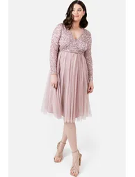 Maya Frosted Pink Faux Wrap Embellished Long Sleeve Midi Dress