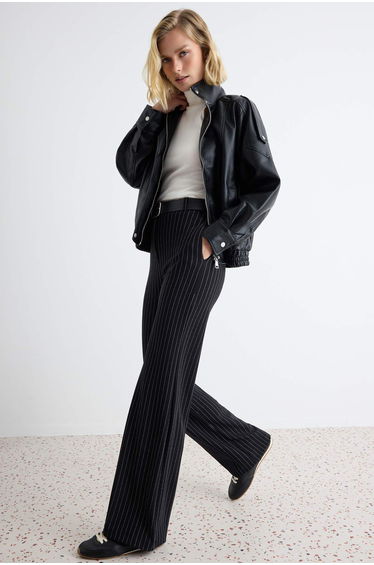 Black Striped Wide Leg Knitted Trousers