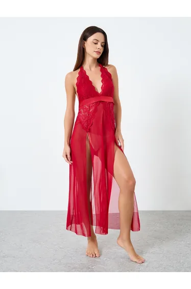 Solid Mesh Patchwork Lace Embroidery Belted Split Hem Cami Dress