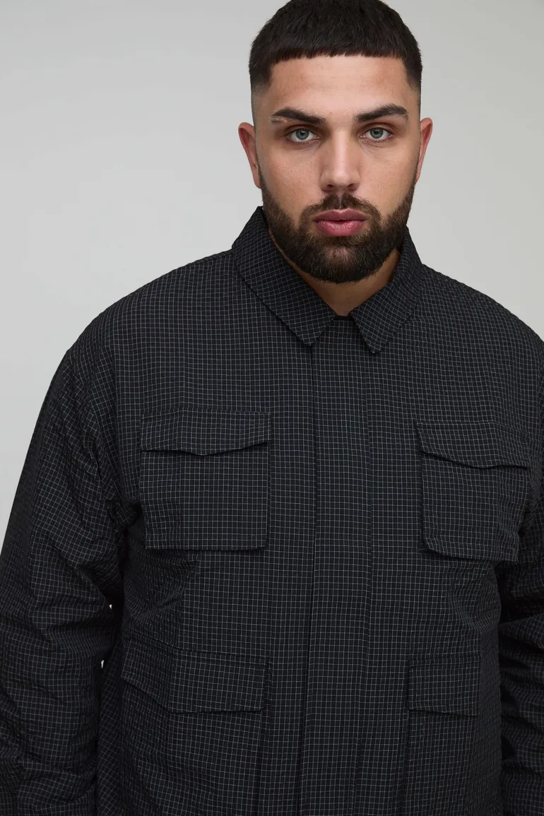 Plus Oversized Check Ripstop Cargo Shacket - black - 2