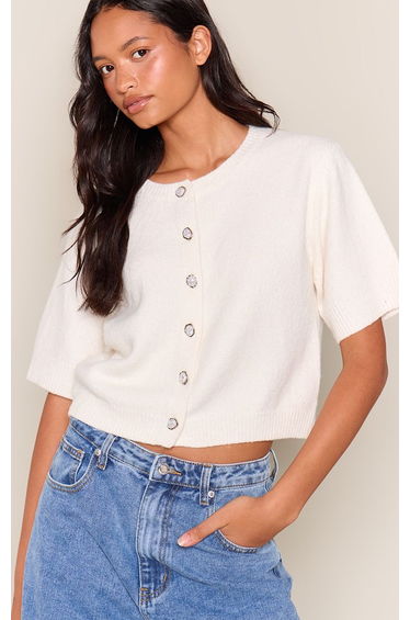 Cream Pearl Button Detail Soft Knit T-Shirt