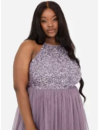 Maya Moody Lilac Embellished Halter Neck Midi Dress - 4