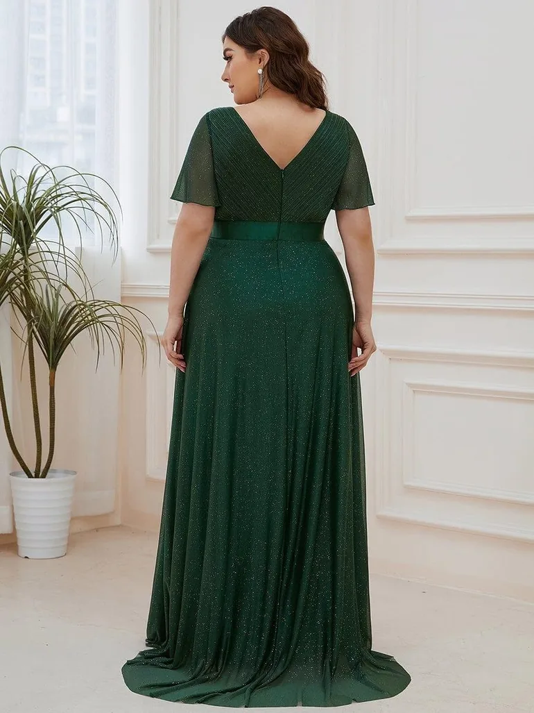 ever LIORÉ|Sparkling Short Sleeve V-Neck Ribbon Waist A-Line Bridesmaid Dress - 6