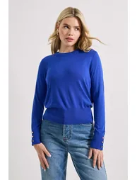 Cobalt Crew Neck Button Cuff Jumper - 3
