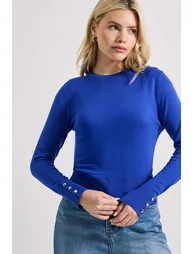 Cobalt Crew Neck Button Cuff Jumper - 1