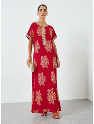 Women Tree Printed Golden Trim Patch Jalabiya