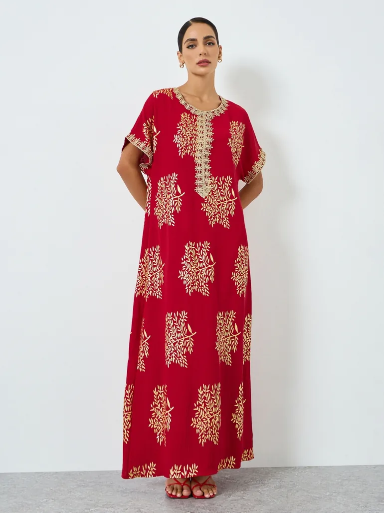 Women Tree Printed Golden Trim Patch Jalabiya - 2