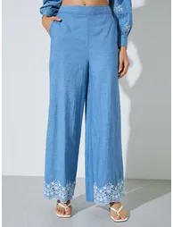Blue Cotton Embroidered Wide Leg Pants - 1