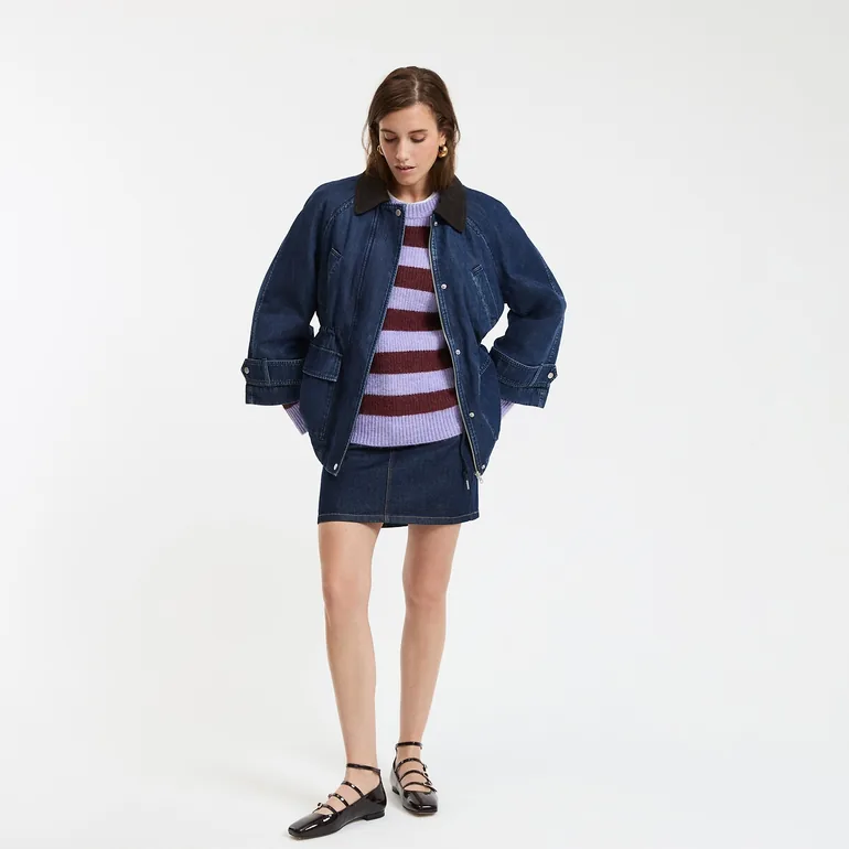 Denim Mid-Length Coat with Zip Fastening - 2