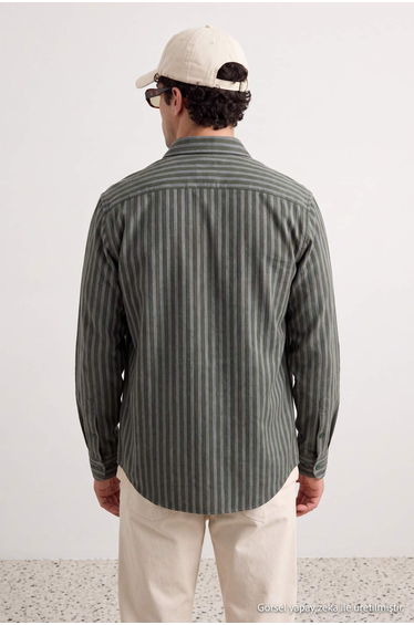 Khaki Striped Cotton Regular Winter Men's Shirt product thumbnail 2