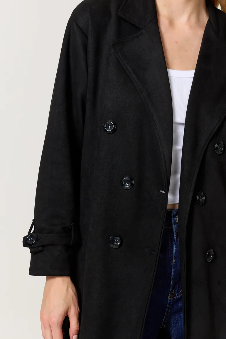 Black Faux Suede Belted Trench Coat - 2