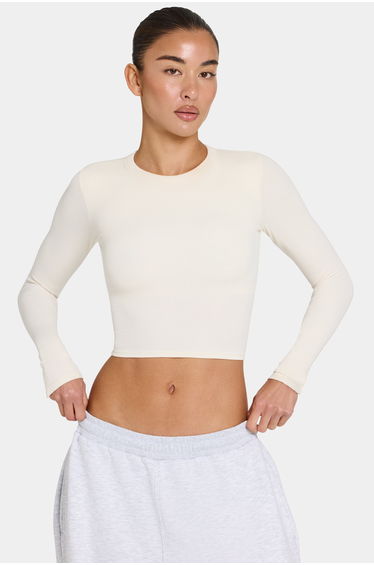 ButterCloud™ Built-In Bra Long-Sleeve Crop Top in Coconut